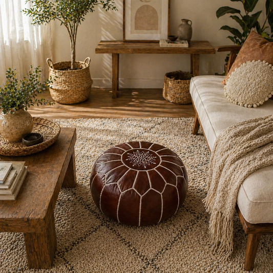 Leather Ottoman Footstool For Home Decor - Round leather pouf ottoman