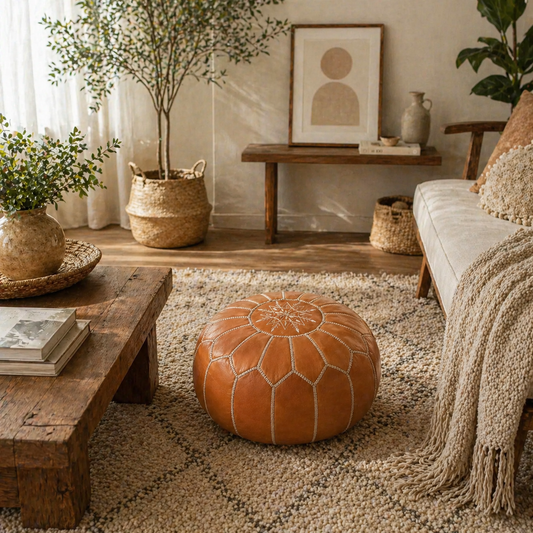 Leather Ottoman Footstool - Round leather pouf ottoman