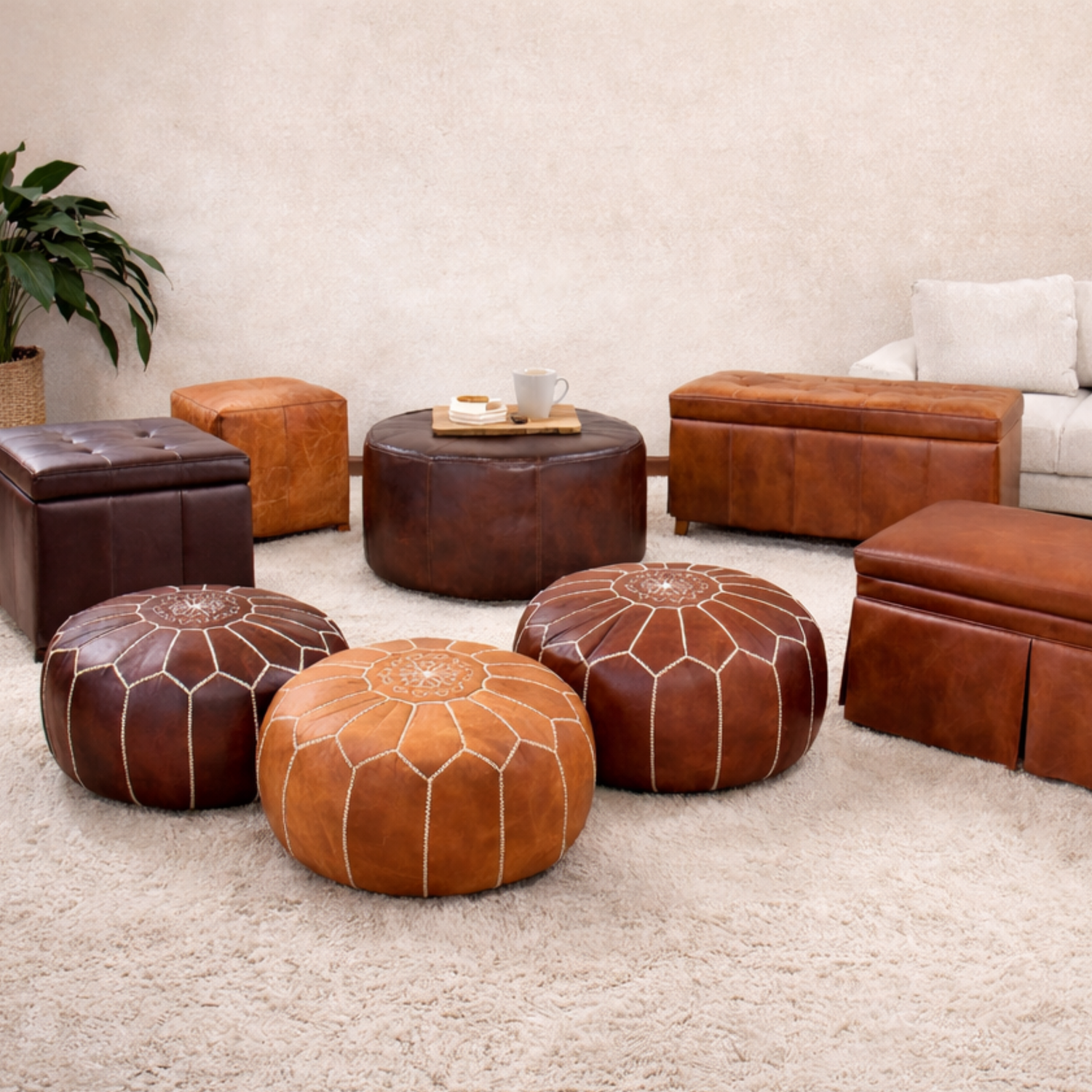 Leather pouf ottoman collection featuring round leather pouf ottoman, square leather pouf, circle leather ottoman, ottoman sofa, square storage ottoman, long storage ottoman and skirted ottoman in a modern living room