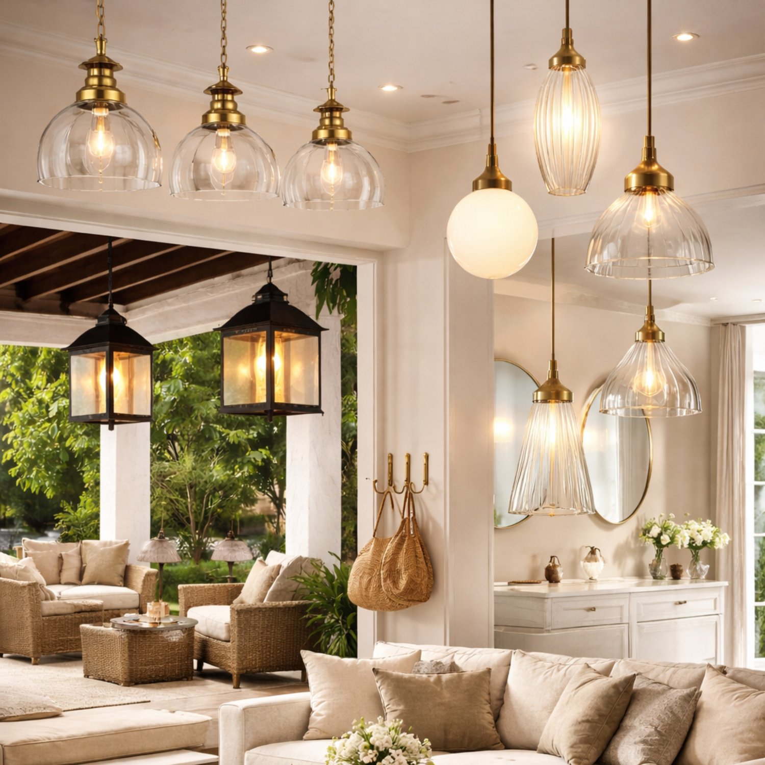 Brass lamp collection featuring brass floor lamp, table brass lamp and antique brass lamp in a modern living room and outdoor space with elegant lighting design
