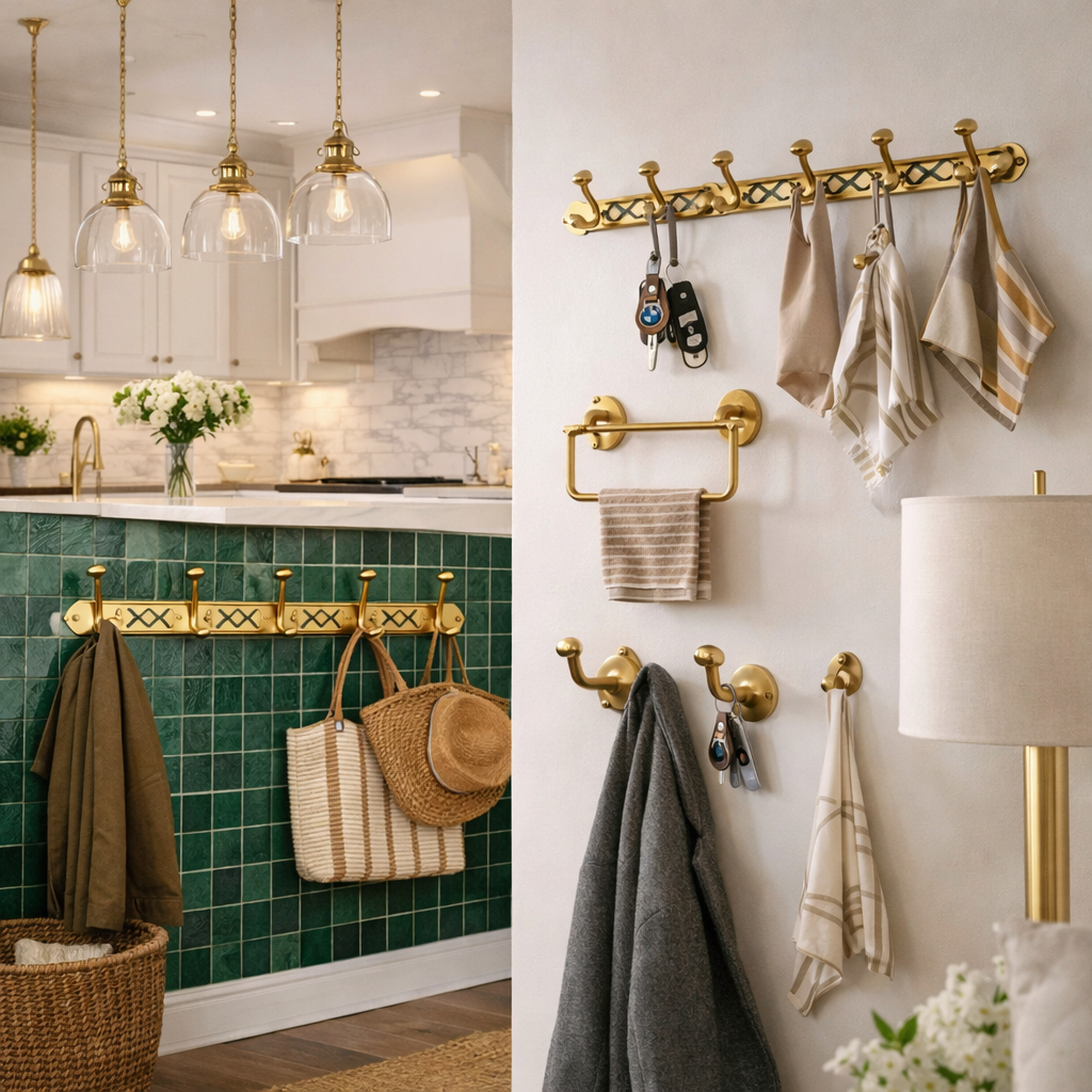 Brass coat hooks UK with vintage brass coat hooks and brass wall hooks mounted in a modern kitchen and entryway for stylish home organization