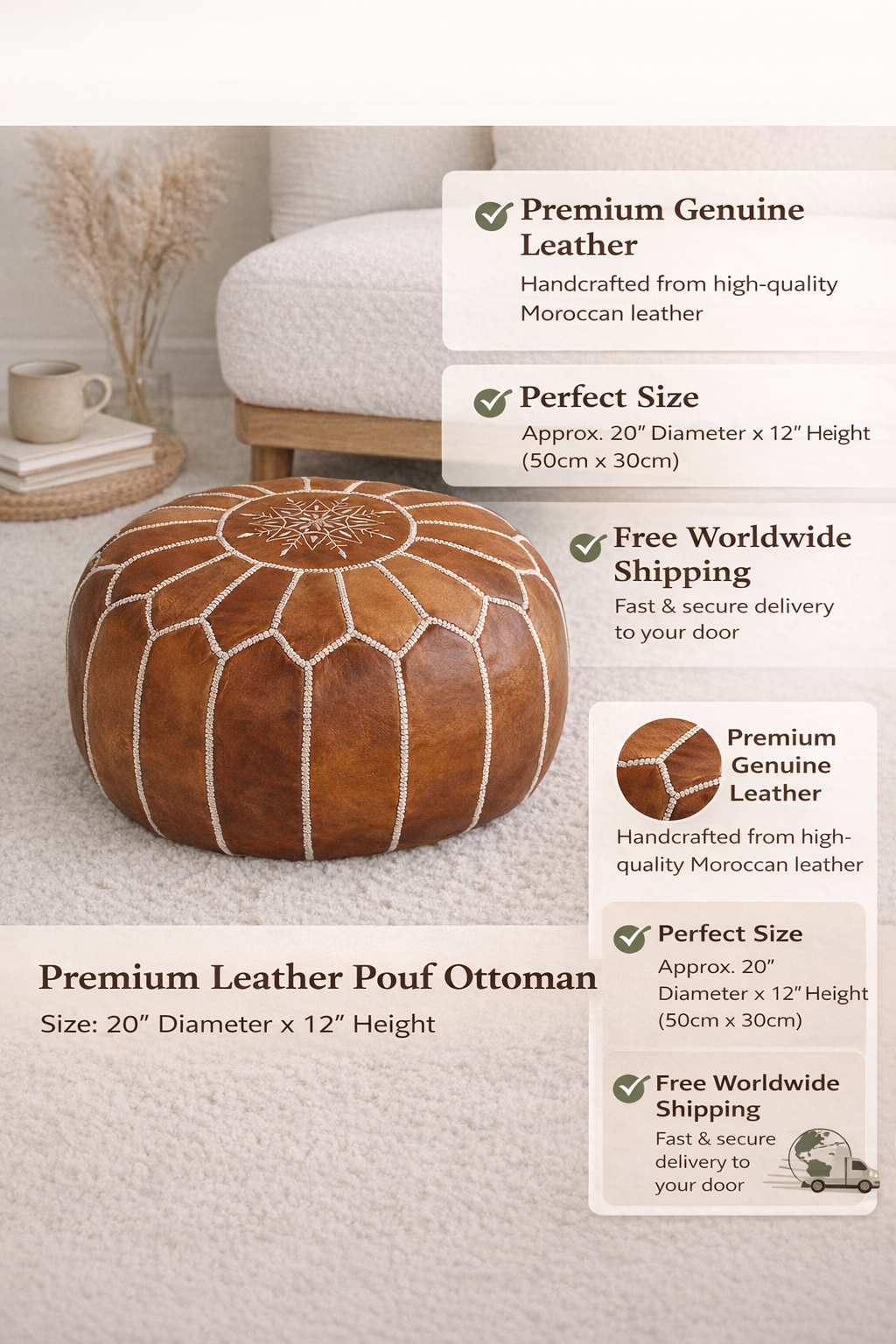 Leather Ottoman Footstool - Round leather pouf ottoman