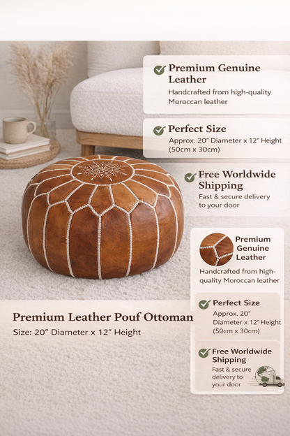 Leather Ottoman Footstool - Round leather pouf ottoman
