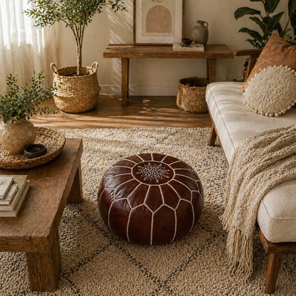 Leather Ottoman Footstool For Home Decor - Round leather pouf ottoman