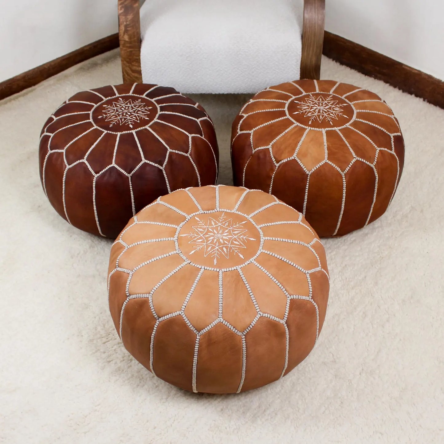 Leather Pouf Ottoman, Round Handmade Moroccan Footstool Boho Decor