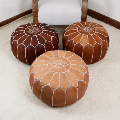 Leather Pouf Ottoman, Round Handmade Moroccan Footstool Boho Decor