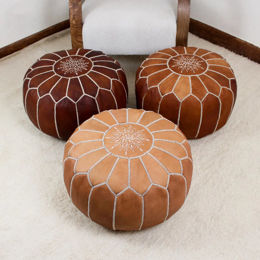 Leather Pouf Ottoman, Round Handmade Moroccan Footstool Boho Decor