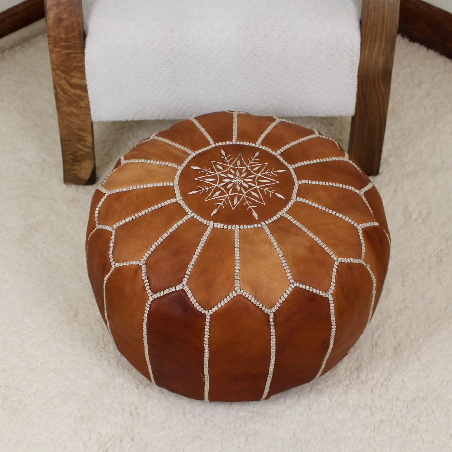 Leather Pouf Ottoman, Round Handmade Moroccan Footstool Boho Decor