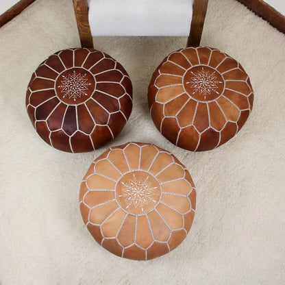 Leather Pouf Ottoman, Round Handmade Moroccan Footstool Boho Decor