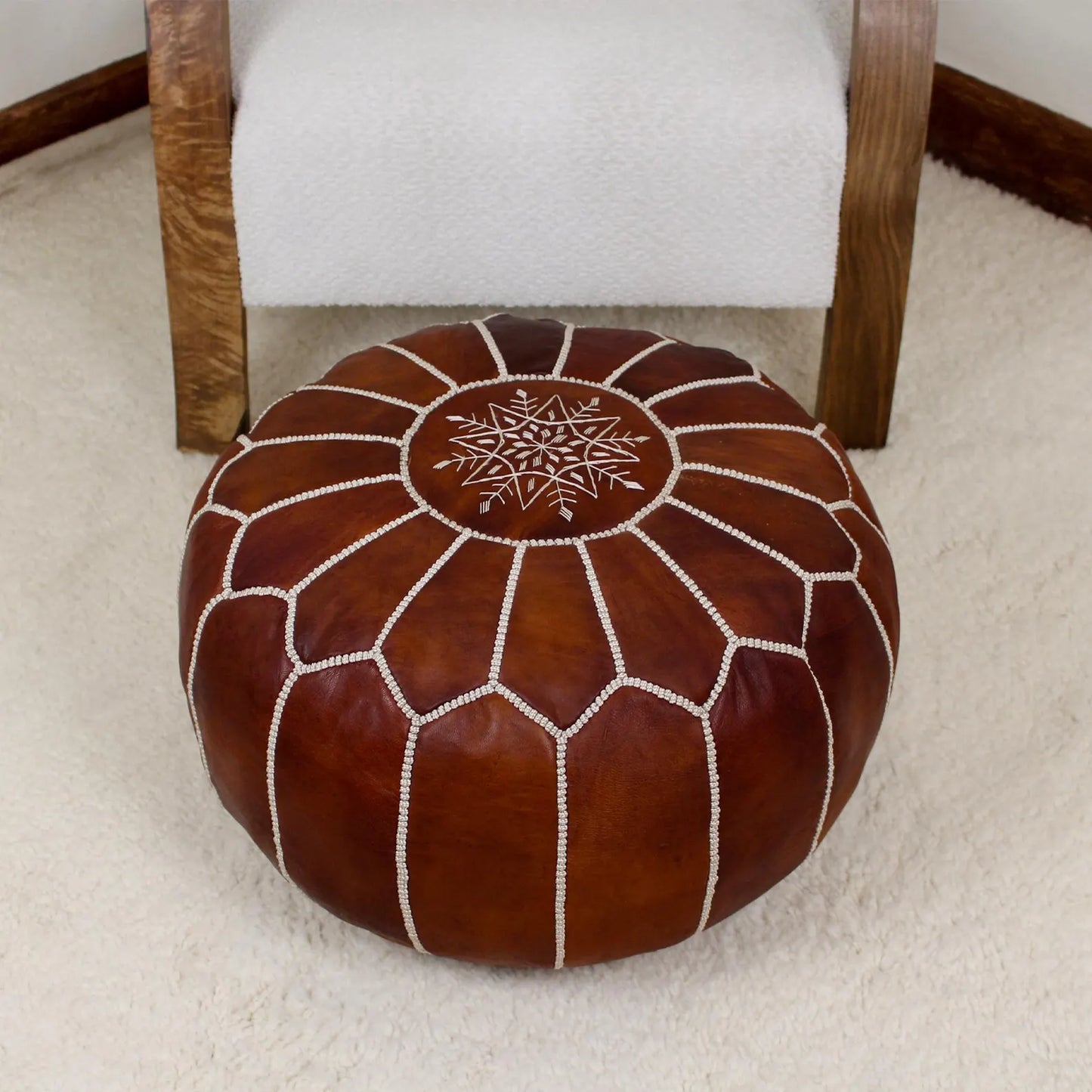 Leather Pouf Ottoman, Round Handmade Moroccan Footstool Boho Decor