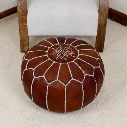 Leather Pouf Ottoman, Round Handmade Moroccan Footstool Boho Decor