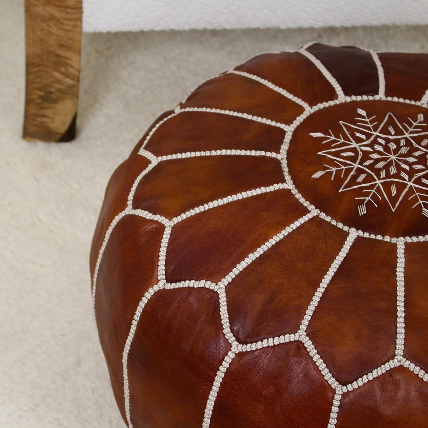 Leather Pouf Ottoman, Round Handmade Moroccan Footstool Boho Decor