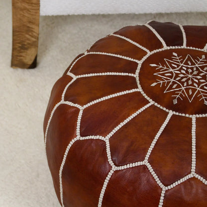 Leather Pouf Ottoman, Round Handmade Moroccan Footstool Boho Decor