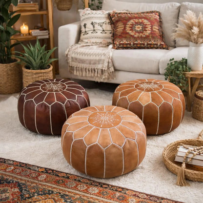 Leather Pouf Ottoman, Round Handmade Moroccan Footstool Boho Decor