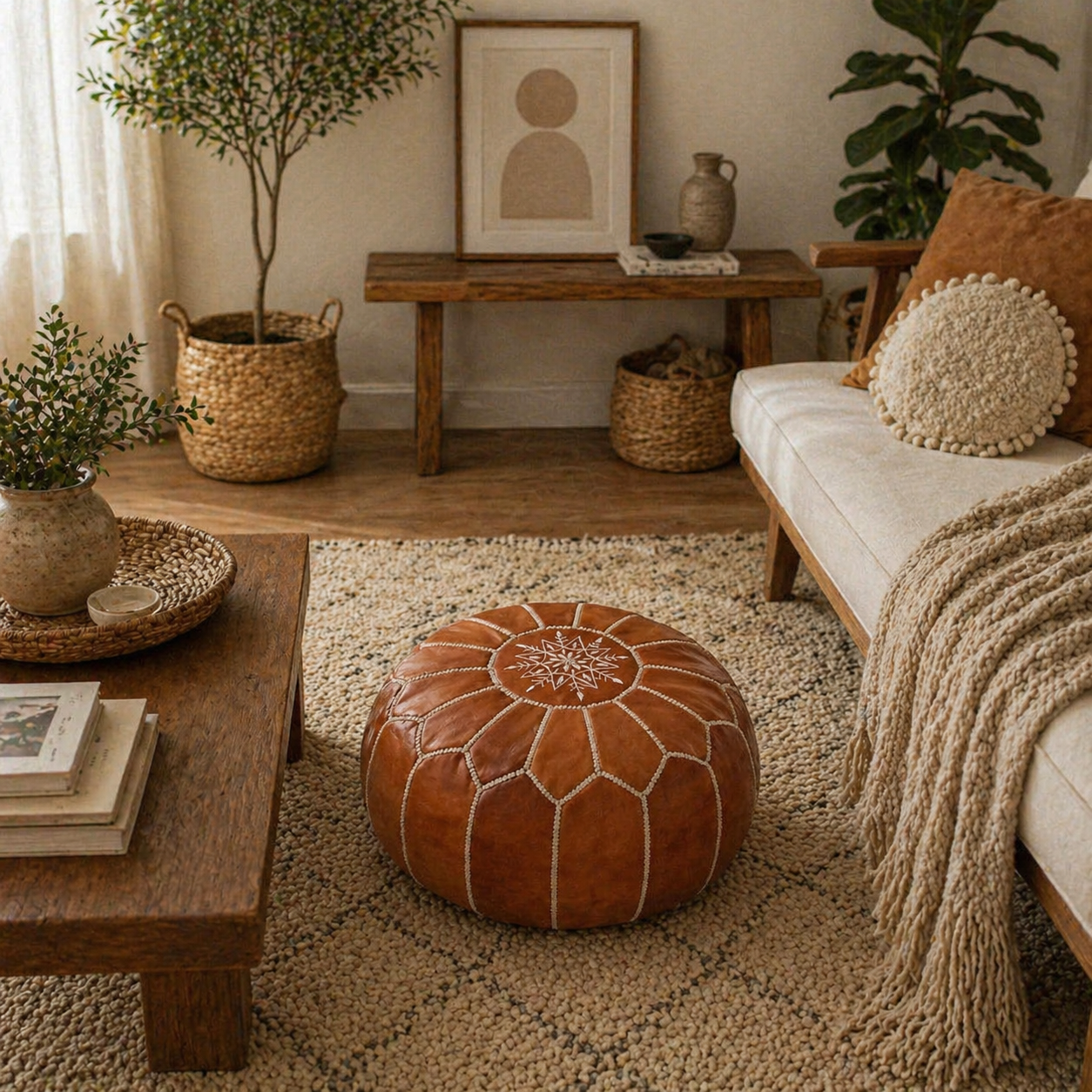 Leather Ottoman Footstool - Round leather pouf ottoman