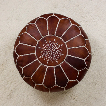 Leather Pouf Ottoman, Round Handmade Moroccan Footstool Boho Decor