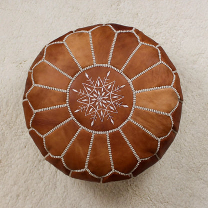 Leather Pouf Ottoman, Round Handmade Moroccan Footstool Boho Decor